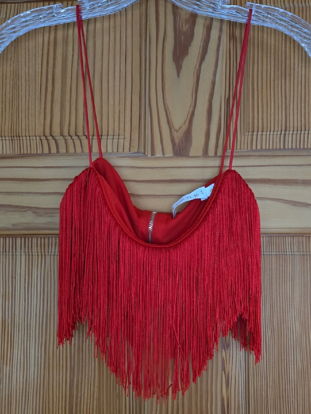 Meshki Red Fringe Spaghetti Strap Crop Top